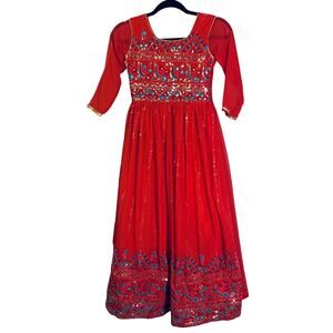 CHADHA‎ Fancy Girls Dress Embellished Bust Anarkali Sequin Hem Sheer Sleeve